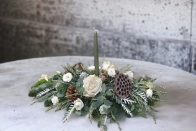 Classic oblong candle table centre arrangement greens and whites